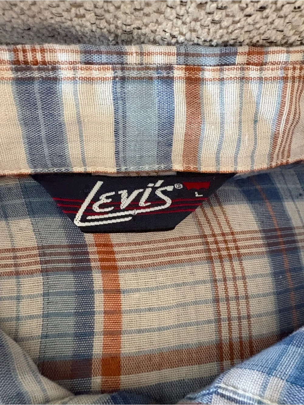 Men’s Vintage Levi's Blue, Brown and Cream Plaid Button-Down Shirt